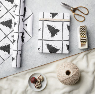 Moody Christmas Tree   Onyx Silvery Black Splatter Wrapping Paper