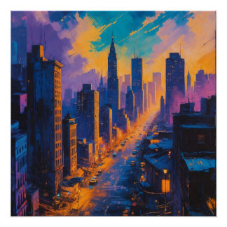 Moody Cityscape at Dusk with Neon Lights Poster