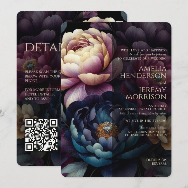 Moody Colourful Floral with QR Code Invitation (Front/Back)