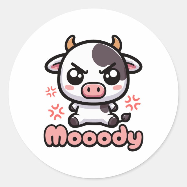 Moody! Cute Angry Cow Pun Cartoon Classic Round Sticker (Front)