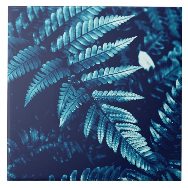 Moody Cyan and Blue Fern Cyanotype Inspired Tile (Front)