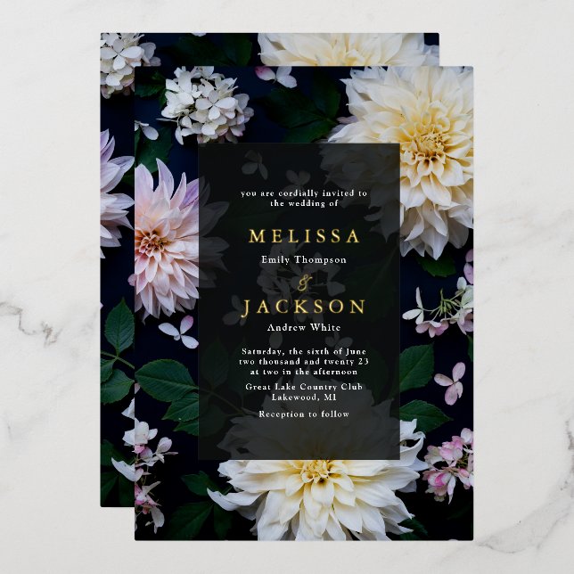 Moody Dahlia Floral Wedding Foil Invitation (Front/Back)