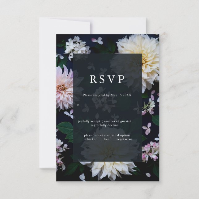 Moody Dahlia floral wedding RSVP green Card (Front)