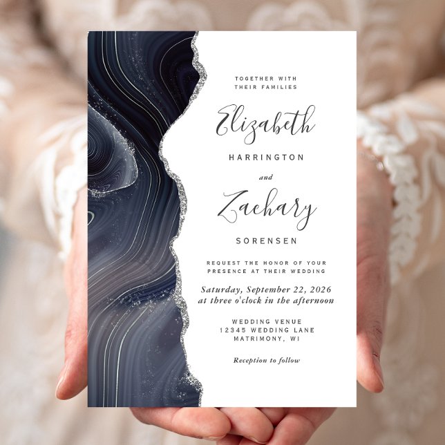 Moody Dark Agate Silver Glitter Wedding Invitation (Creator Uploaded)