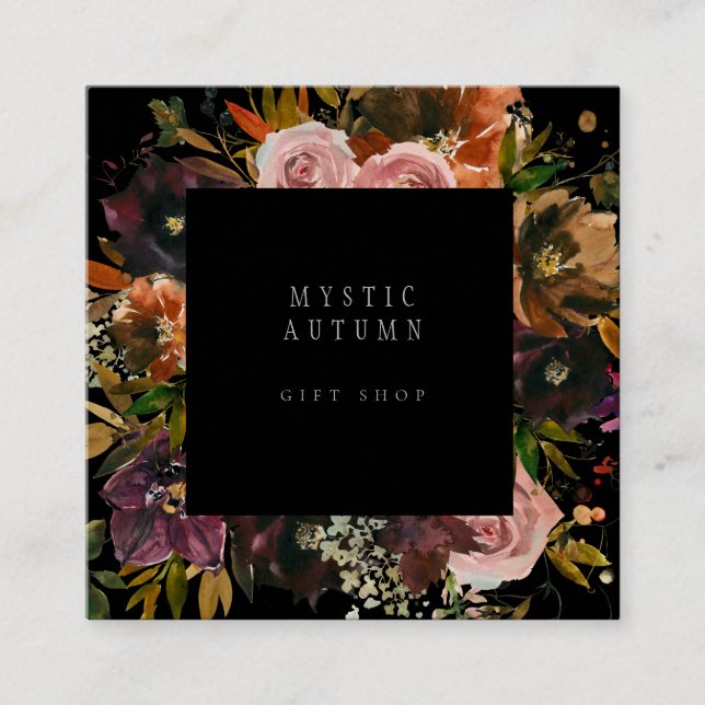 Moody Dark Black Autumn Fall Floral Gift Shop Square Business Card (Front)