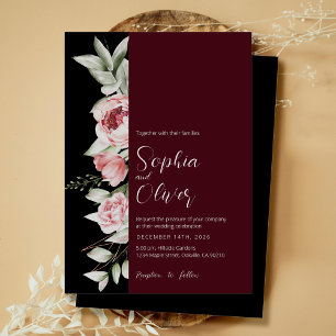Moody Dark Burgundy Floral Gothic Wedding  Invitation