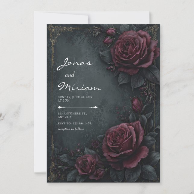 Moody Dark Charcoal Burgundy Rose Floral Wedding Invitation (Front)
