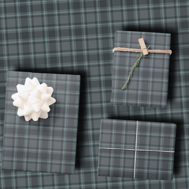 Moody Dark Charcoal Grey and Teal Tartan Plaid Wrapping Paper Sheet (Creator Uploaded)