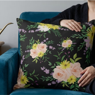 Moody Dark Cottagecore Peach & Rose Floral Pattern Cushion