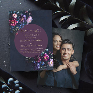 Moody Dark Elegant Floral Purple Photo Wedding Save The Date