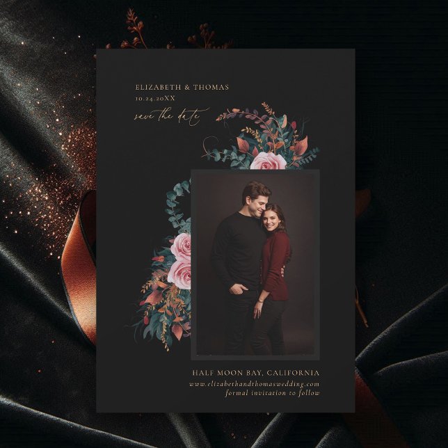 Moody Dark Elegant Romantic Autumn Photo Wedding Save The Date (wedding save the date moody dark romantic fall autumn floral black botanical rust copper photo)