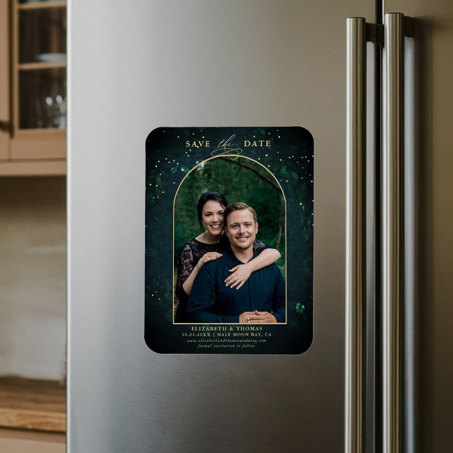 Moody Dark Enchanted Forest Arch Wedding Save Date Magnet (enchanted forest woodland wedding photo save date magnet dramatic moody dark romantic boho arch)