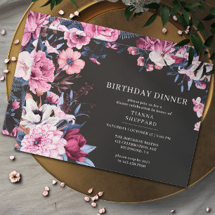 Moody Dark Floral Black and Pink Birthday Dinner Invitation