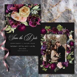 Moody Dark Floral Black Burgundy Romantic Photo Save The Date