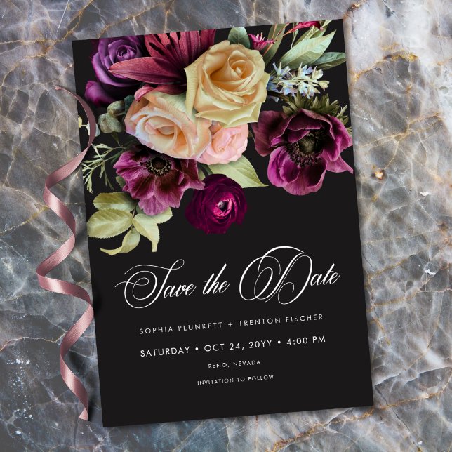 Moody Dark Floral Black Burgundy Romantic Save The Date (Moody Dark Floral Black Burgundy Romantic Save The Date)