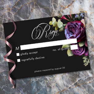 Moody Dark Floral Black Burgundy Romantic Wedding RSVP Card