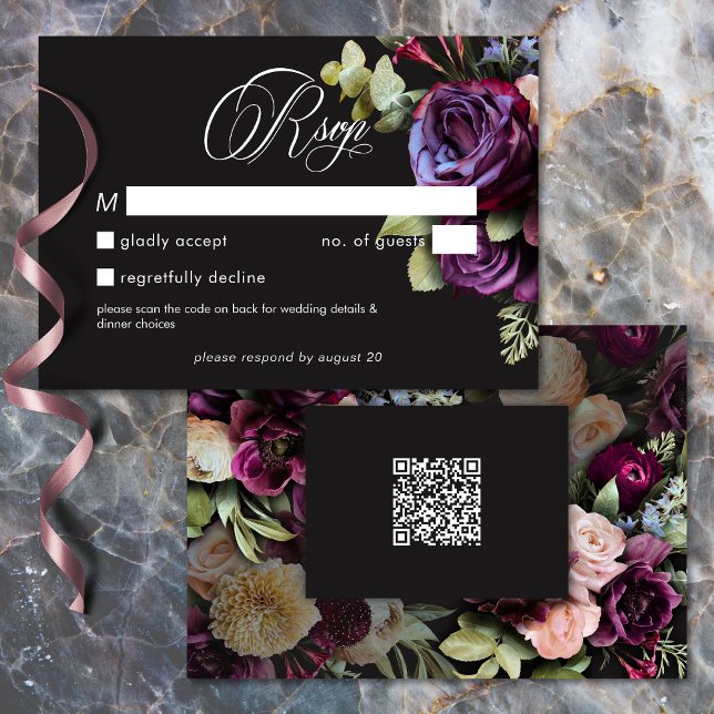 Moody Dark Floral Black Burgundy Romantic Wedding RSVP Card (Moody Dark Floral Black Burgundy Romantic Wedding QR RSVP Card)