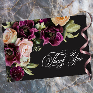 Moody Dark Floral Black Burgundy Romantic Wedding  Thank You Card