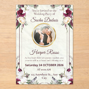 Moody Dark Floral Burgundy and Gold Photo Wedding Acrylic Invitations