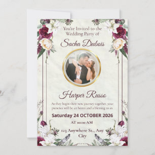 Moody Dark Floral Burgundy and Gold Photo Wedding Invitation