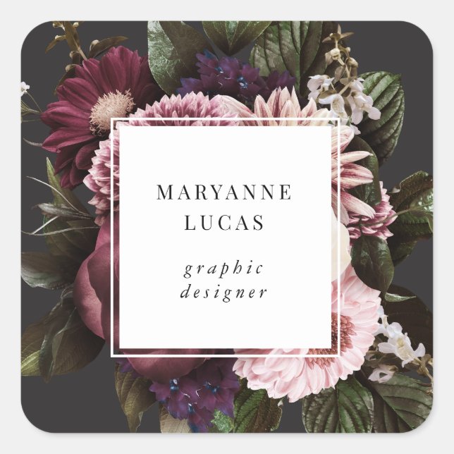 Moody Dark Floral Elegant Business Card Square Sticker (Front)