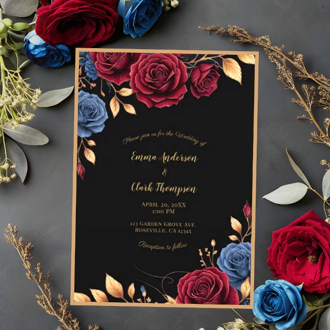 Moody Dark Floral Gold Elegant Wedding Invitation (Creator Uploaded)