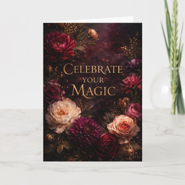Moody Dark Floral Gold Script Birthday Card (Front)