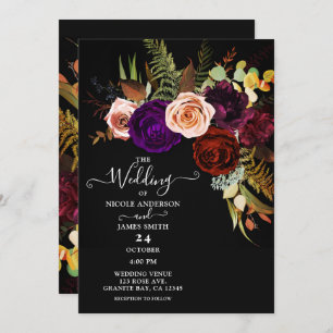 Moody Dark Floral Greenery Bold Colour Chic Weddin Invitation