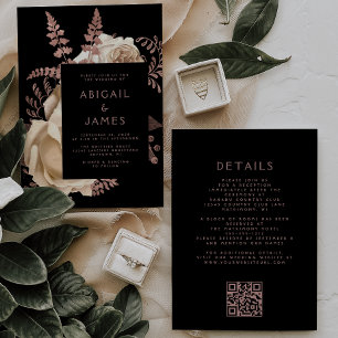 Moody Dark Floral Ivory Rose Gold QR Code Wedding Invitation
