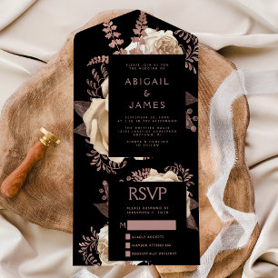 Moody Dark Floral Ivory Rose Gold Wedding All In One Invitation