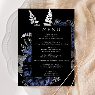 Moody Dark Floral Navy Blue Silver Wedding Menu