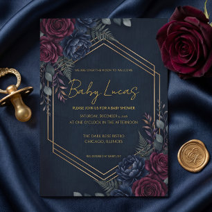 Moody Dark Floral Navy Burgundy Gold Hexagon Baby Invitation