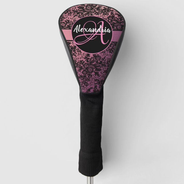 Moody Dark Floral on Pink Monogram    Golf Head Cover (Front)