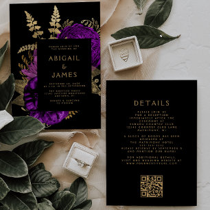 Moody Dark Floral Purple Gold QR Code Wedding Invitation