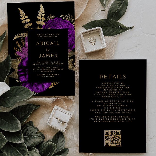 Moody Dark Floral Purple Gold QR Code Wedding Invitation (Creator Uploaded)