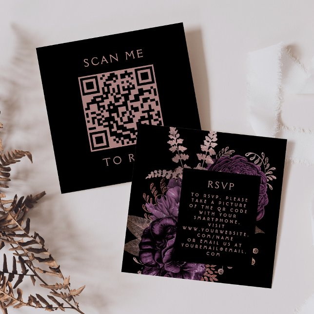 Moody Dark Floral Purple Rose Gold QR Code RSVP Enclosure Card (Creator Uploaded)