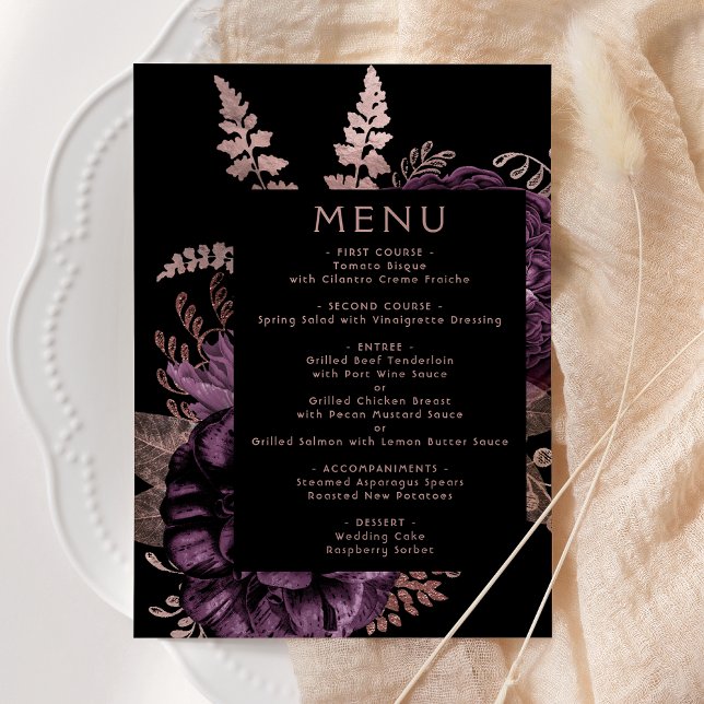Moody Dark Floral Purple Rose Gold Wedding Menu (Creator Uploaded)
