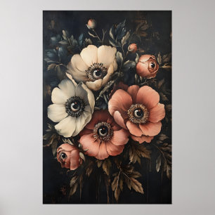 Moody Dark Flowers With Eyes Print, Strange Floral Poster