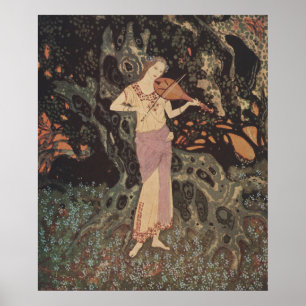 Moody Dark Forest Maiden Playing Violin Art Poster