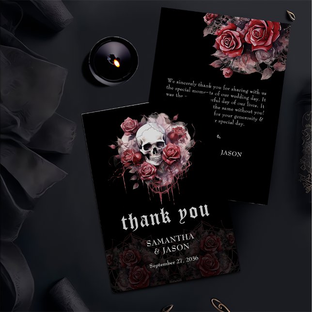 Moody Dark Gothic Floral Skull Halloween Wedding  Thank You Card (Creator Uploaded)