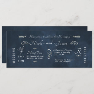Moody Dark Navy Blue Watercolor Modern Wedding Invitation