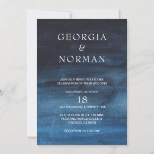 Moody Dark Navy Blue Watercolor Wash Wedding Invitation