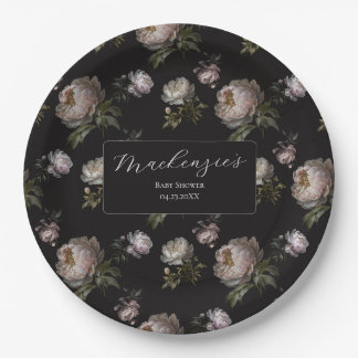 Moody Dark Peony Floral Baby Shower Paper Plate