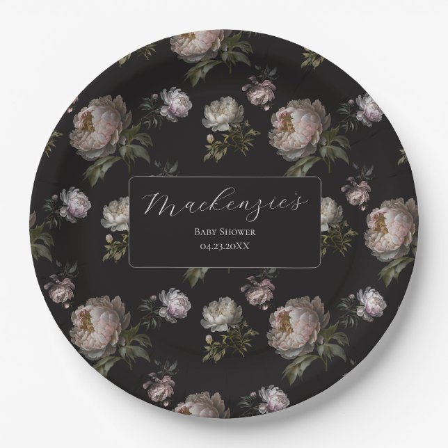 Moody Dark Peony Floral Baby Shower  Paper Plate (Front)