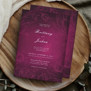 Moody Dark Pink Botanical Rose Garden Wedding Invitation