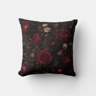 Moody Dark Red Burgundy Roses and Peonies Gothic  Cushion