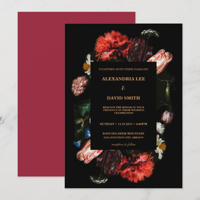 Moody Dark Red Floral Black Custom Request Wedding Invitation (Front/Back)