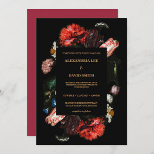 Moody Dark Red Floral Black Custom Request Wedding Invitation