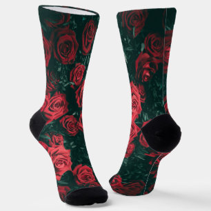 Moody Dark Red Roses Floral Pattern Background Socks
