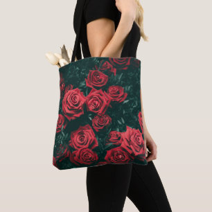 Moody Dark Red Roses Floral Pattern Background Tote Bag
